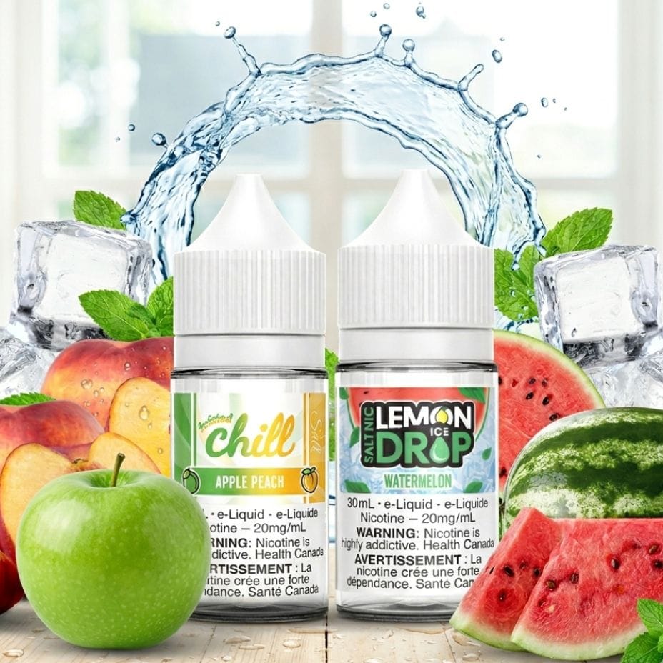 Lemon Drop Watermelon Ice and Chill Apple Peach Salt E-Liquid Winkler Vape SuperStore and Bong Shop Manitoba Canada