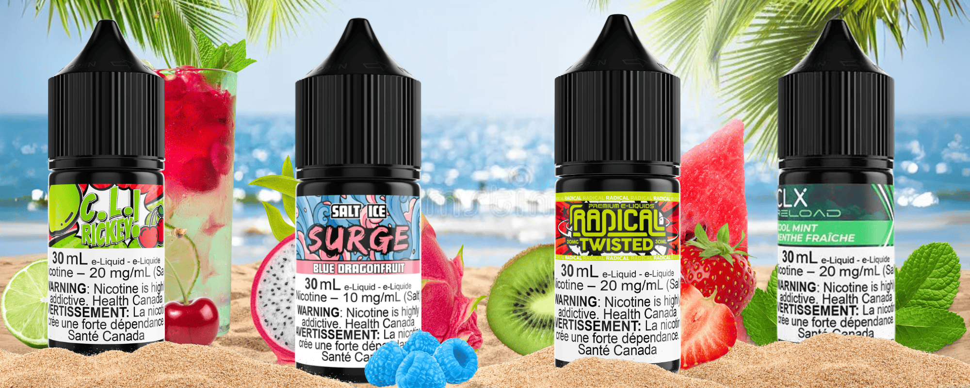 Maverick C.L. Rickey, Surge Blue Dragonfruit, Radical Twisted, CLX Cool Mint Salt E-Liquid Winkler Vape SuperStore and Bong Shop Manitoba Canada