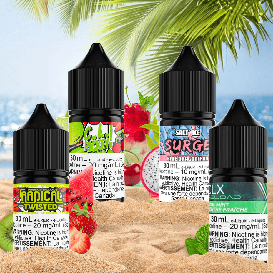 Maverick C.L. Rickey, Surge Blue Dragonfruit, Radical Twisted, CLX Cool Mint Salt E-Liquid Winkler Vape SuperStore and Bong Shop Manitoba Canada