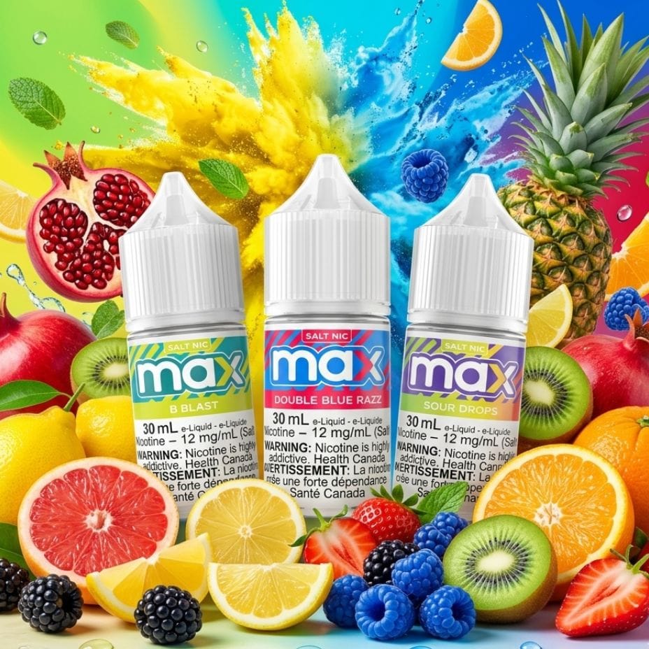 Max B Blast, Max Double Blue Razz and Max Sour Drops Salt E-Liquid Winkler Vape SuperStore and Bong Shop Manitoba Canada