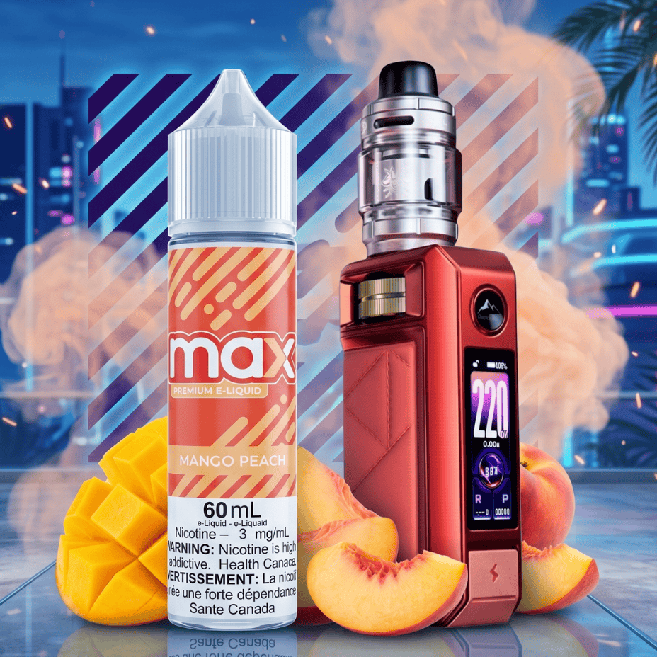 Max Freebase E-Liquid 60mL / 3mg Mango Peach and Voopoo Drag 6 Box Mod Kit Winkler Vape SuperStore and Bong Shop Manitoba Canada