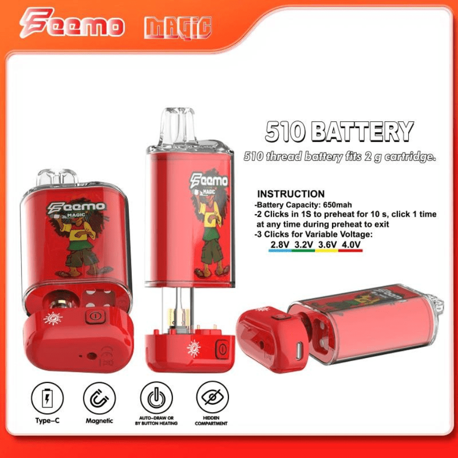 Feemo 510 Batteries 650mAh / Red Feemo Magic 510 Thread Battery Feemo Magic 510 Thread Battery - Winkler Vape SuperStore
