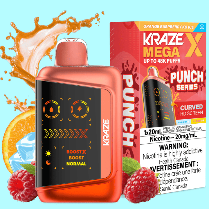 Kraze Mega X 48K Disposable Vape - Orange Raspberry KO Ice 48000 Puffs / 20mg Winkler Vape SuperStore and Bong Shop Manitoba Canada