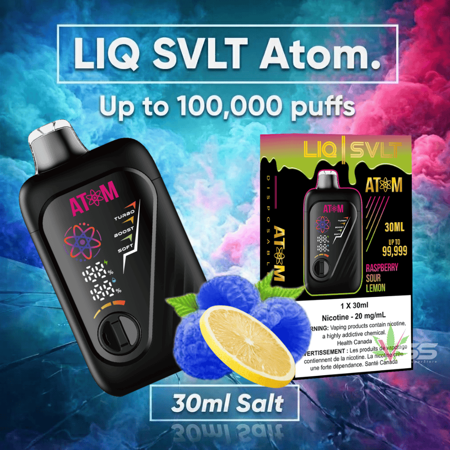 LIQ SVLT Atom 100K Disposable Vape-Raspberry Sour Lemon Winkler Vape SuperStore and Bong Shop Manitoba Canada