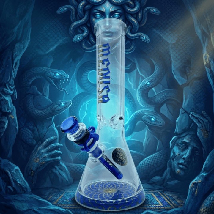 Medusa Glass Logo Beaker Bong 12" 12" Tall / Blue Winkler Vape SuperStore and Bong Shop Manitoba Canada