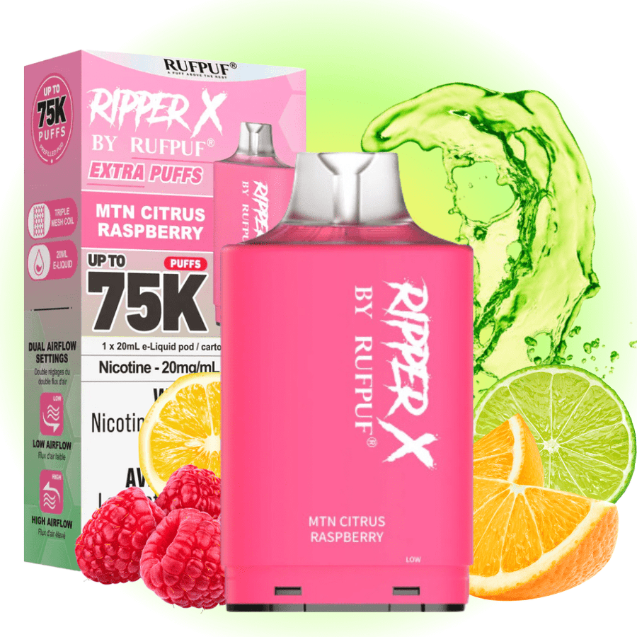 RufPuf Ripper X 75K- MTN Citrus Raspberry 75000 Puffs / 20mg Winkler Vape SuperStore and Bong Shop Manitoba Canada