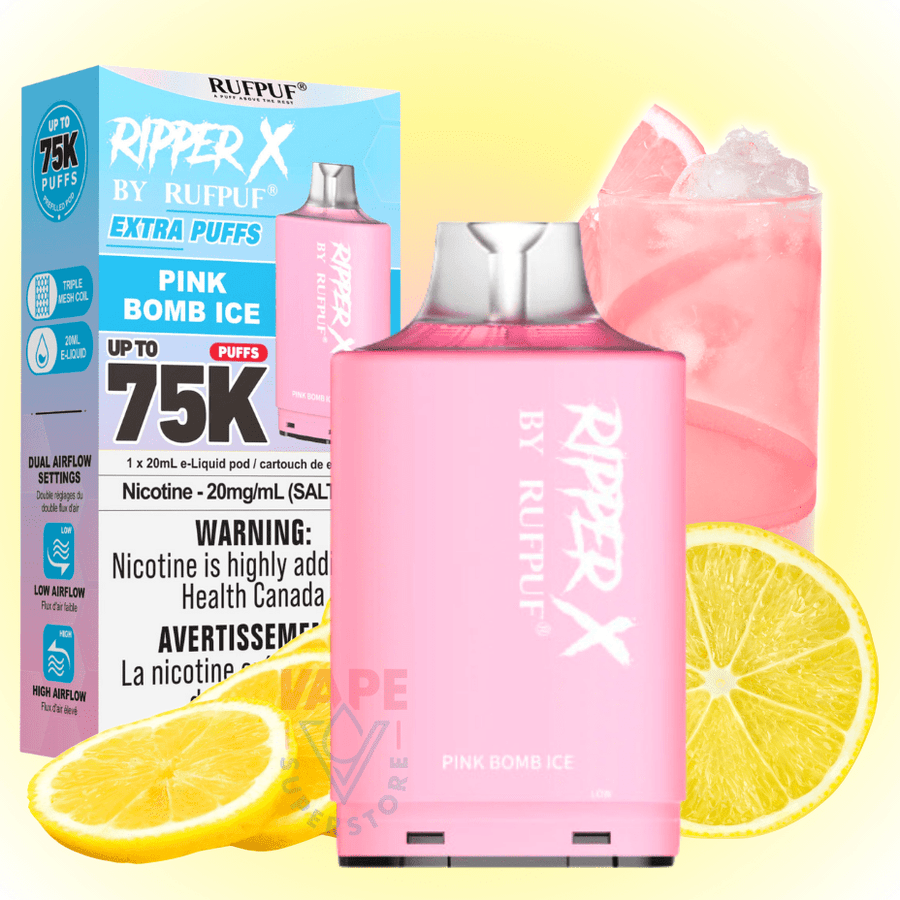 RufPuf Ripper X 75K - Pink Bomb Ice 75000 Puffs / 20mg Winkler Vape SuperStore and Bong Shop Manitoba Canada