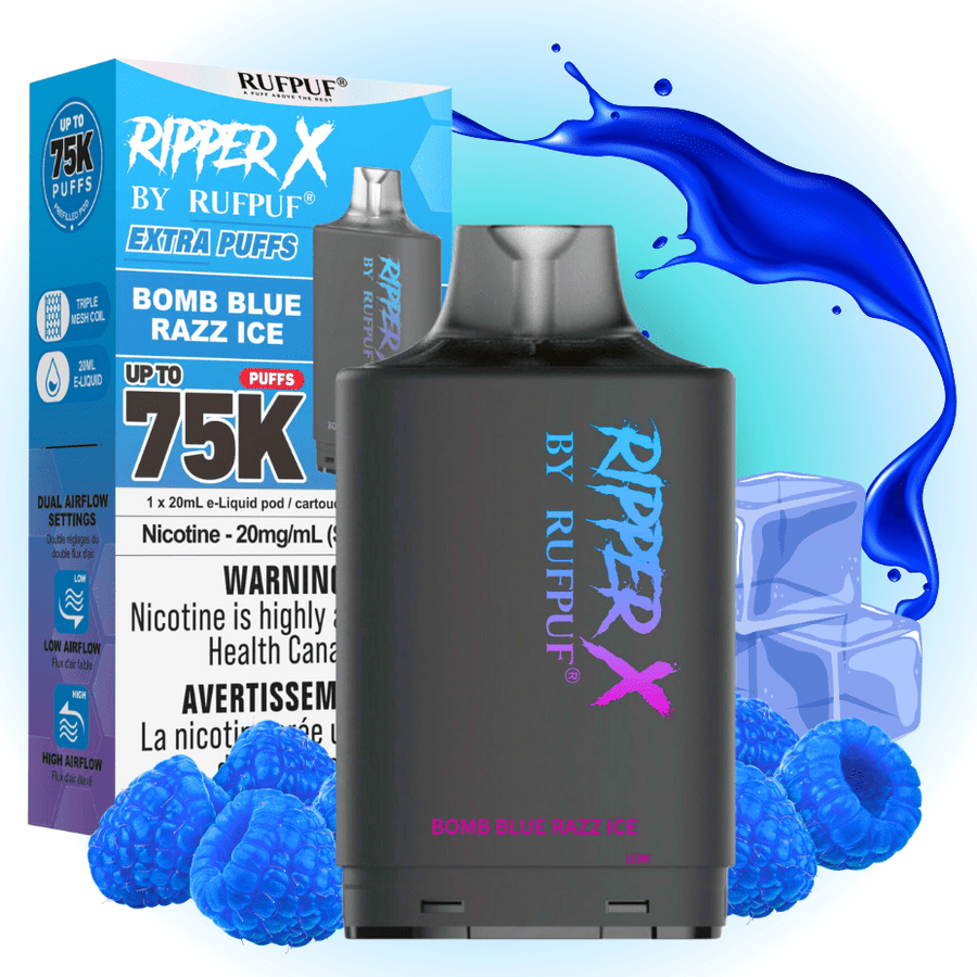 Rufpuf Ripper X 75K Turbo Pod - Bomb Blue Razz Ice 75000 Puffs / 20mg Winkler Vape SuperStore and Bong Shop Manitoba Canada