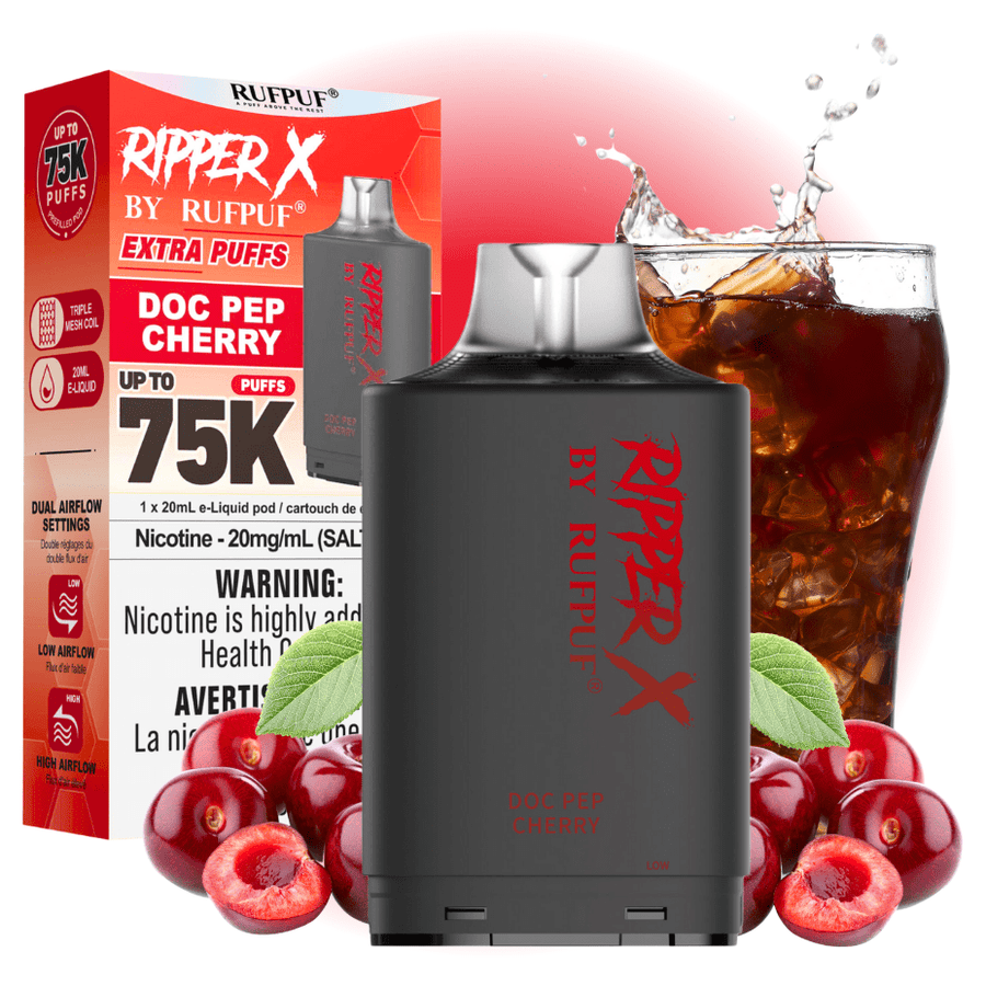 RufPuf Ripper X 75k Turbo Pod - Doc Pep Cherry 20mg / 75000 Puffs Winkler Vape SuperStore and Bong Shop Manitoba Canada